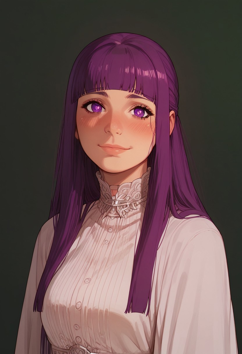score_9, score_8_up, score_8. score_9, score_8_up, score_7_up, score_6_up, masterpiece, 4k, high quality, (best quality:1.1), ExpressiveH
1girl, solo, fern, long hair, bangs, purple eyes, purple hair, sidelocks, blunt bangs, bright pupils, half updo, blushing, looking at viewer, smiling, g0dd3ss, white dress
green background