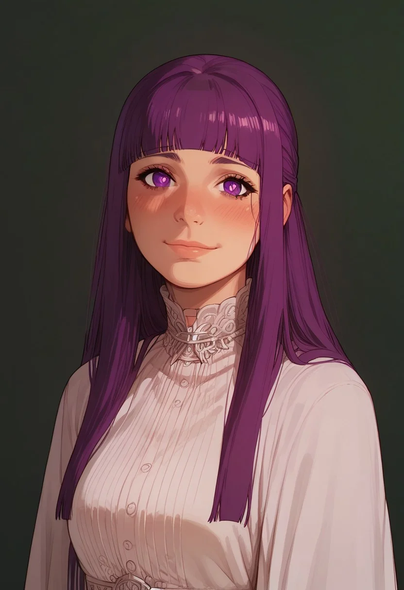 score_9, score_8_up, score_8. score_9, score_8_up, score_7_up, score_6_up, masterpiece, 4k, high quality, (best quality:1.1), ExpressiveH
1girl, solo, fern, long hair, bangs, purple eyes, purple hair, sidelocks, blunt bangs, bright pupils, half updo, blushing, looking at viewer, smiling, g0dd3ss, white dress
green background