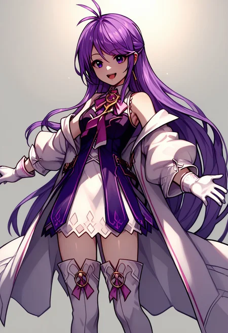 score_9, score_8_up, score_7_up, source_anime, good anatomy, 1girl, solo, AishaAS, antenna hair, ahoge, long hair, purple hair, sidelocks, very long hair, purple eyes, amulet, pink ribbon, wing collar, white and purple dress, layered dress, sleeveless dress, leather belt, off shoulder coat, white coat, white gloves, white thighboots, zettai ryouiki, standing, smiling, open mouth