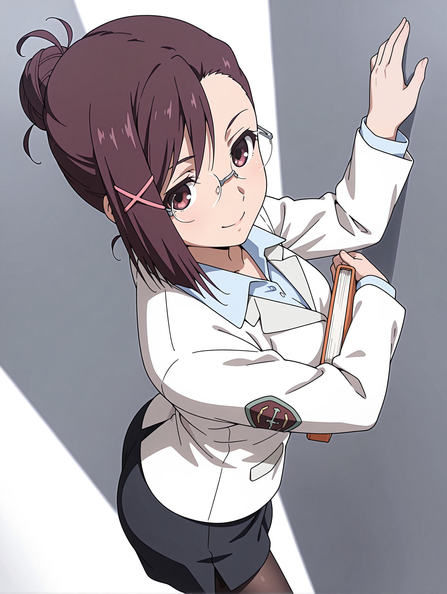 masterpiece,best quality,newest,
1girl,solo,
<lora:sakurai_kanade_ilxl_v1.0>,brown hair,single hair bun,x hair ornament,brown eyes,short hair,rimless glasses,
k_clothes,uniform,white jacket,shirt,black skirt,black shorts under skirt,
<lora:Fixhands_anime_bdsqlsz_V1:1>,dynamic_angle,cinematic_angle,smile,posing,simple_background,white background,standing,book,