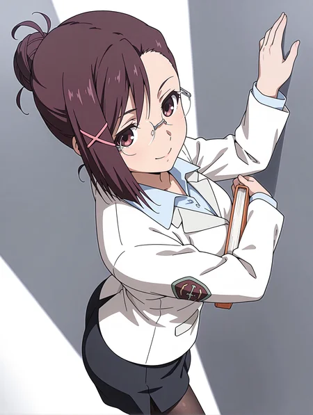 masterpiece,best quality,newest,
1girl,solo,
<lora:sakurai_kanade_ilxl_v1.0>,brown hair,single hair bun,x hair ornament,brown eyes,short hair,rimless glasses,
k_clothes,uniform,white jacket,shirt,black skirt,black shorts under skirt,
<lora:Fixhands_anime_bdsqlsz_V1:1>,dynamic_angle,cinematic_angle,smile,posing,simple_background,white background,standing,book,