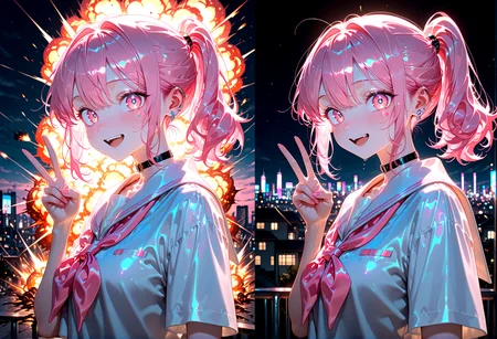 masterpiece, best quality, amazing quality, very aesthetic, absurdres,  newest,
1girl,school uniform, ponytail pink hair kawaii 2d
looking at viewer from front smile open_mouth peace_sign
(2koma:1.3) multiple views,spot the difference
cityscape explosion, 
{{best_quality}},{luster},{{amazing_quality,very_aesthetic}},
masterpiece, best quality, amazing quality, very aesthetic, absurdres,  newest, volumetric lighting, <lora:spo_sdxl_10ep_4k-data_lora_webui:1> <lora:holographiccolor:0.85> <lora:nyaliaXLNB11lokrV531:0.075> <lora:illustrious_quality_modifiers_masterpieces_v1:0.01> <lora:lightingSlider:-1>