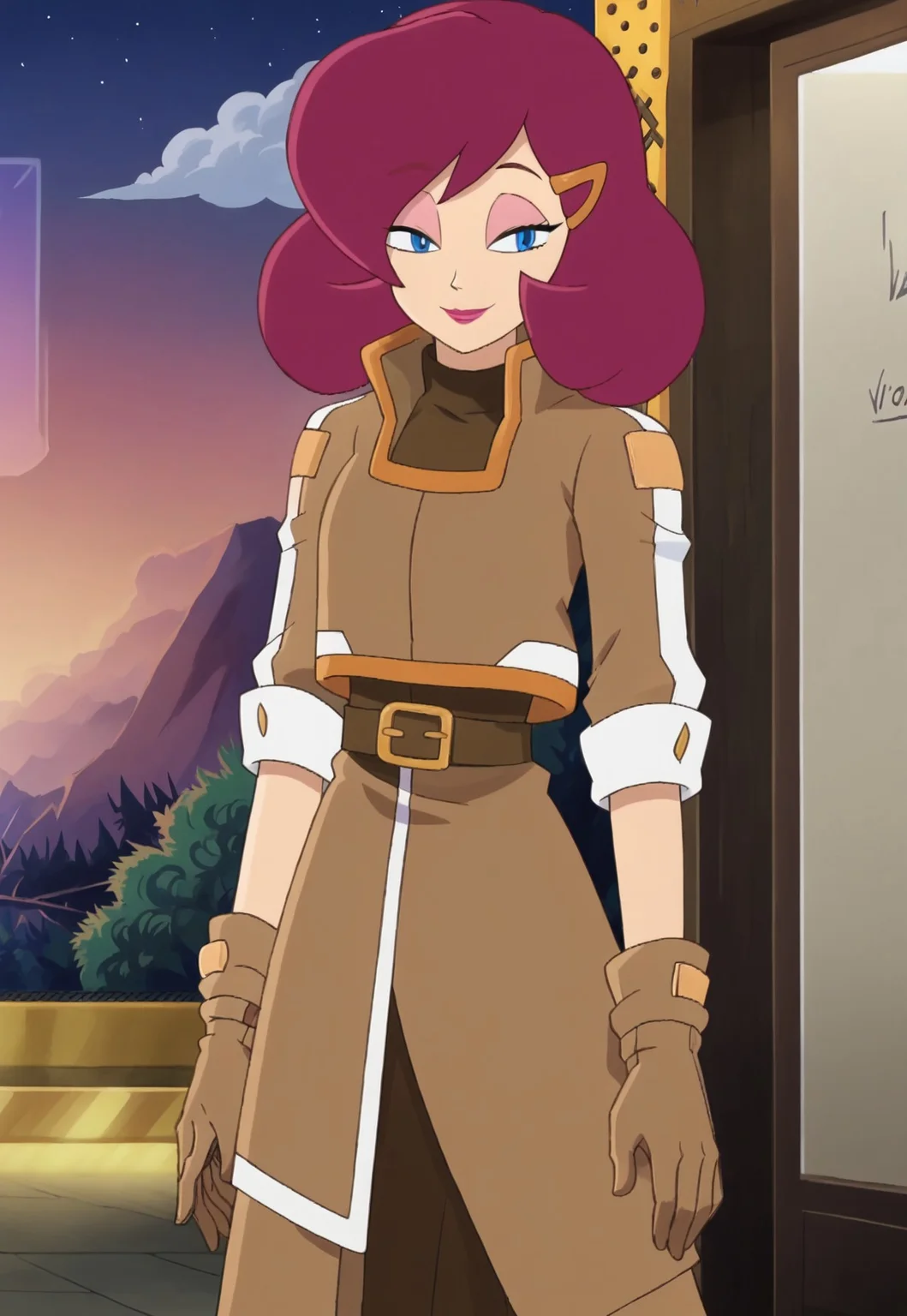 SonicX, masterpiece,best quality,official style, anime screenshot, anime coloring, anime_style,
prof_tori, 1girl, solo, smile, blue eyes, hair ornament, hairclip, medium hair, belt, brown coat, makeup, brown boots, knee boots, brown gloves, sleeves rolled up, high collar, brown dress, magenta hair, lipstick, half-lidded eyes, pink eyelids