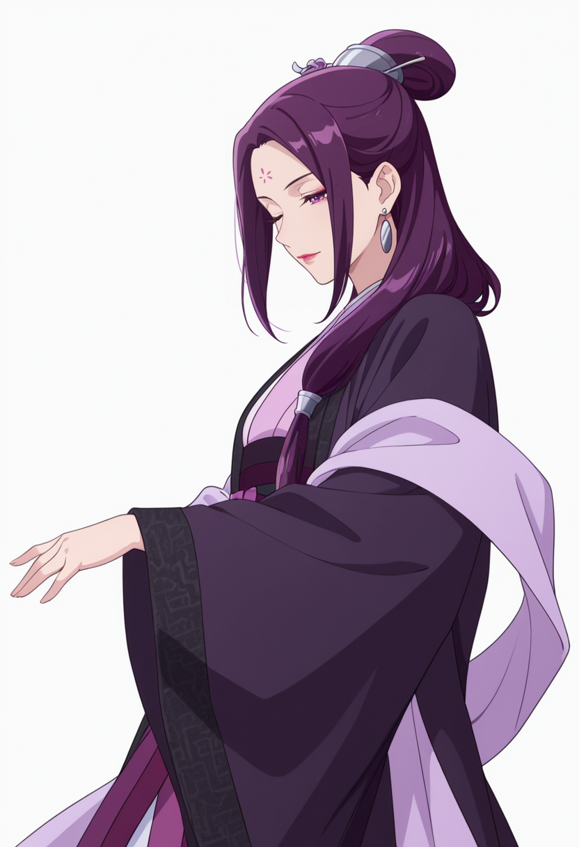 Smooth Quality,masterpiece,very intricate, high quality details, ultra realistic, high detailed skin,detailed enviorement,absurdres,
simple background, white background,solo,
from side,one eye closed,dancing, 
 <lora:Ah-Duo_CNR:0.8> ha_duo_cnr, 1girl, purple hair, long hair, purple eyes, forehead mark, single hair bun,hanfu, chinese clothes,kimono, robe, sash, shawl, long sleeves, wide sleeves,earrings,makeup, lipstick