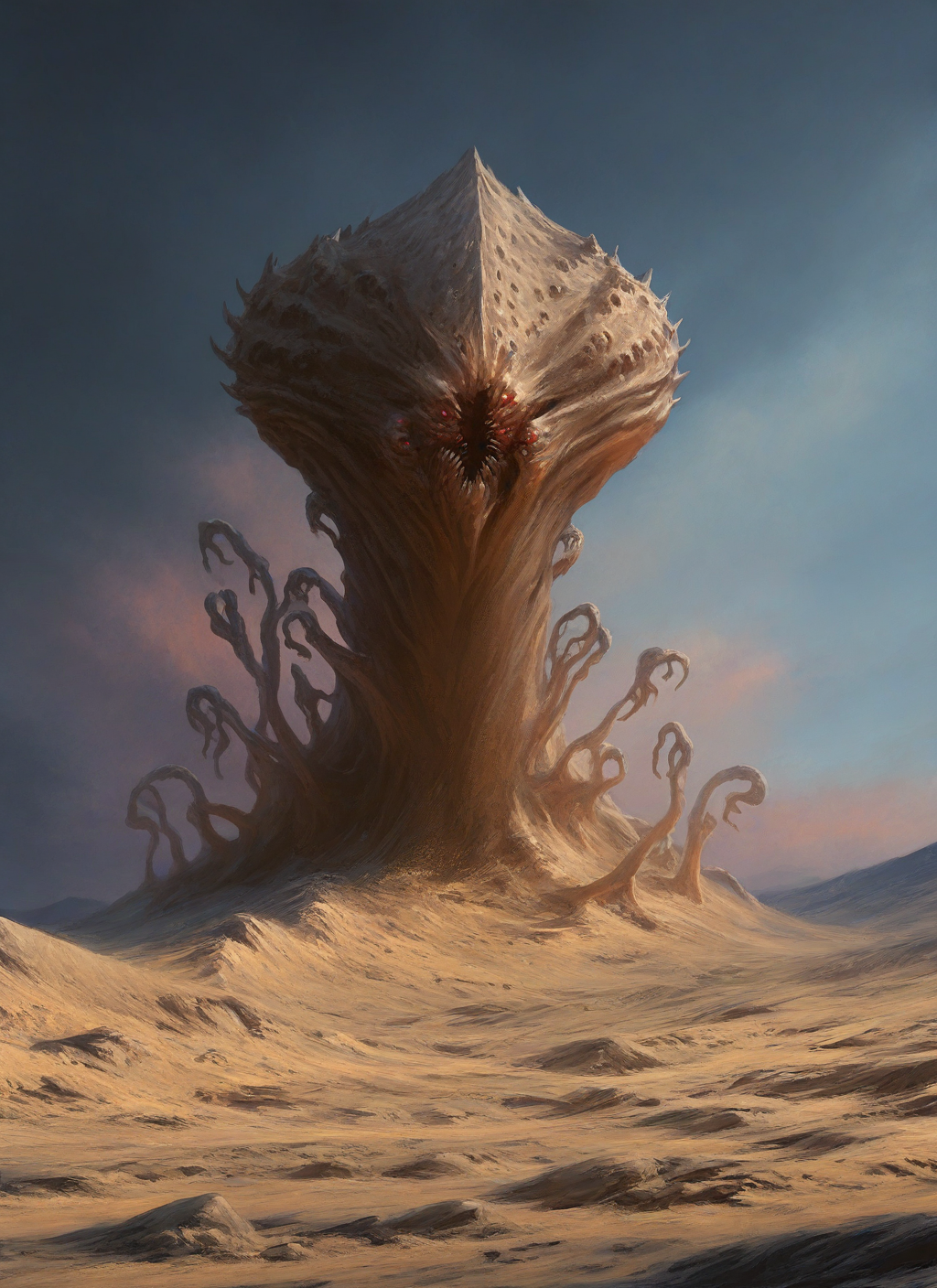 artist:, masterpiece, best quality, newest, very awa, absurdres, highres, mnsr, monster, daytime, alien planet, alien city, desert, detailed,, <lora:SDXL\Illustrous\Monster_Concept-Illu-mnsr:1.0>