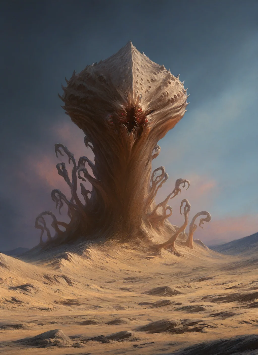 artist:, masterpiece, best quality, newest, very awa, absurdres, highres, mnsr, monster, daytime, alien planet, alien city, desert, detailed,, <lora:SDXL\Illustrous\Monster_Concept-Illu-mnsr:1.0>