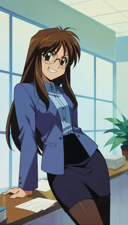 score_9,score_8_up,score_7_up,Nikaido Yoriko Pony,1990s \(style\),1girl,solo,brown hair,glasses,long hair,brown eyes,business casual,miniskirt,black pantyhose,<lora:Nikaido Yoriko Pony:0.9>,cowboy shot,office lady,grin,indoors,