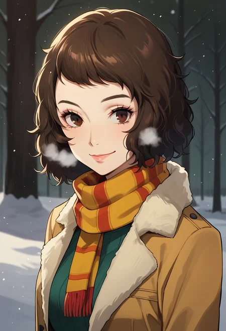 score_9, score_8_up, score_7_up, score_6_up, 1girl, kawakami sadayo, brown eyes, short hair, brown hair, winter outfit, coat, scarf, gloves, warm breath, medium breasts, slim, red cheeks, happy face, looking at viewer, beautiful face