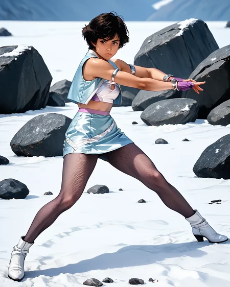 <lora:10_diana_full_2_pdxl-000004:1>, score_9, score_8_up, score_7_up, spielban_diana, cost1, 1girl, solo, brown eyes, black hair, short hair, blue diana_vest with white trim, bare shoulders, silver diana_armband, white diana_bandeau, blue diana_skirt with white trim, diana_fishnet_stockings, white diana_heeled_boots, silver diana_bracelet, purple diana_fingerless_gloves, midriff, standing, legs apart,full body,slope, rocks, snow, from side, fighting stance, looking at viewer, serious