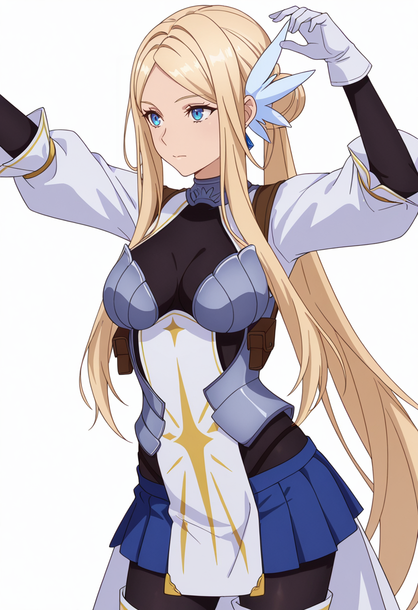 Smooth Quality,masterpiece,very intricate, high quality details, ultra realistic, high detailed skin,detailed enviorement,absurdres,
simple background, white background, dancing, solo,front view,
 <lora:Krishna_CNR:0.8> krishna_cnr, 1girl,blonde hair,very long hair,single hair bun, sidelocks, parted bangs, blue eyes, breasts,white hair ornament, earrings,armor, breastplate, armored dress, blue skirt, pleated skirt,white gloves, black pantyhose,white thigh boots,, turn pale,, . .,
