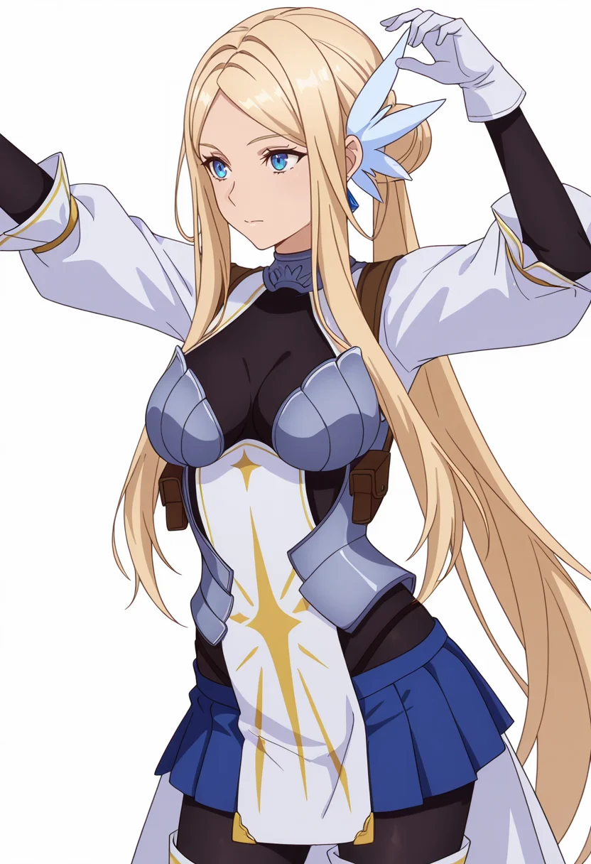 Smooth Quality,masterpiece,very intricate, high quality details, ultra realistic, high detailed skin,detailed enviorement,absurdres,
simple background, white background, dancing, solo,front view,
 <lora:Krishna_CNR:0.8> krishna_cnr, 1girl,blonde hair,very long hair,single hair bun, sidelocks, parted bangs, blue eyes, breasts,white hair ornament, earrings,armor, breastplate, armored dress, blue skirt, pleated skirt,white gloves, black pantyhose,white thigh boots,, turn pale,, . .,