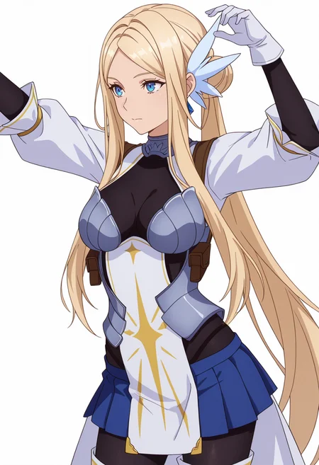 Smooth Quality,masterpiece,very intricate, high quality details, ultra realistic, high detailed skin,detailed enviorement,absurdres,
simple background, white background, dancing, solo,front view,
<lora:Krishna_CNR:0.8> krishna_cnr, 1girl,blonde hair,very long hair,single hair bun, sidelocks, parted bangs, blue eyes, breasts,white hair ornament, earrings,armor, breastplate, armored dress, blue skirt, pleated skirt,white gloves, black pantyhose,white thigh boots,, turn pale,, . .,