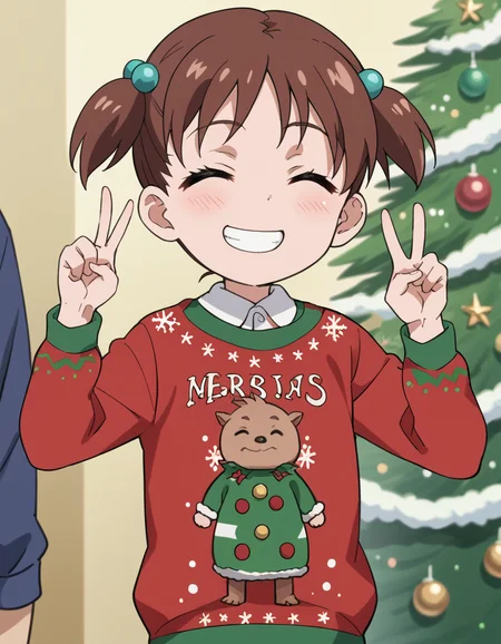 score_9, score_8_up, score_7_up, source_anime, <lora:kana-hazamaya-s1-ponyxl-lora-nochekaiser:1>, kana hazamaya, short hair, brown hair, hair ornament, twintails, brown eyes, hair bobbles, short twintails, child, anime screencap,, <lora:christmas-sweater-ponyxl-lora-nochekaiser:1>, christmas sweater, christmas, ugly sweater, print sweater, red sweater, christmas tree, christmas ornaments, sweater, multicolored sweater, , v, smile, hands up, teeth, closed eyes, cowboy shot,, , dutch angle, cowboy shot