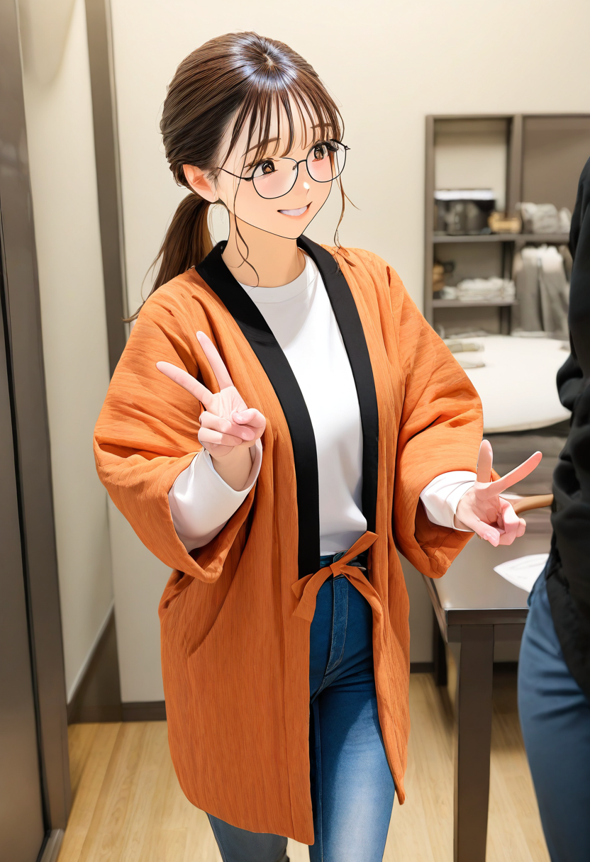 1girl, solo, glasses, hanten, hanten \(clothes\), pants, shirt, brown hair, ponytail, long hair, denim, standing, jeans, long sleeves, v, 
indoors, happy, smile, looking at another, solo focus,
masterpiece, best quality, amazing quality, very aesthetic, absurdres,
 <lora:Clothing_hanten_illustrious_V1L_DIM4:0.8>