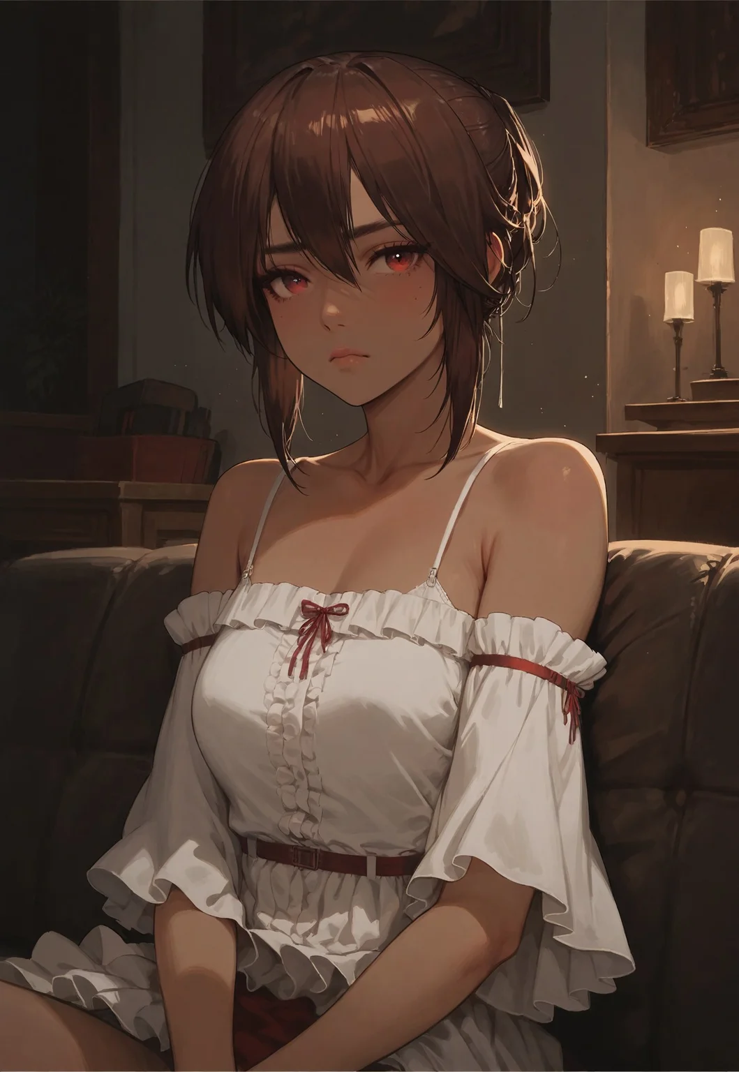 score_9, score_8_up, score_7_up, score_6_up, zPDXL3, Sofia, dark skin, reclining on couch, looking at viewer, pout, cowboy_shot, white off-shoulder dress, spaghetti strap, frills, Expressiveh, room, at night, warm side light,