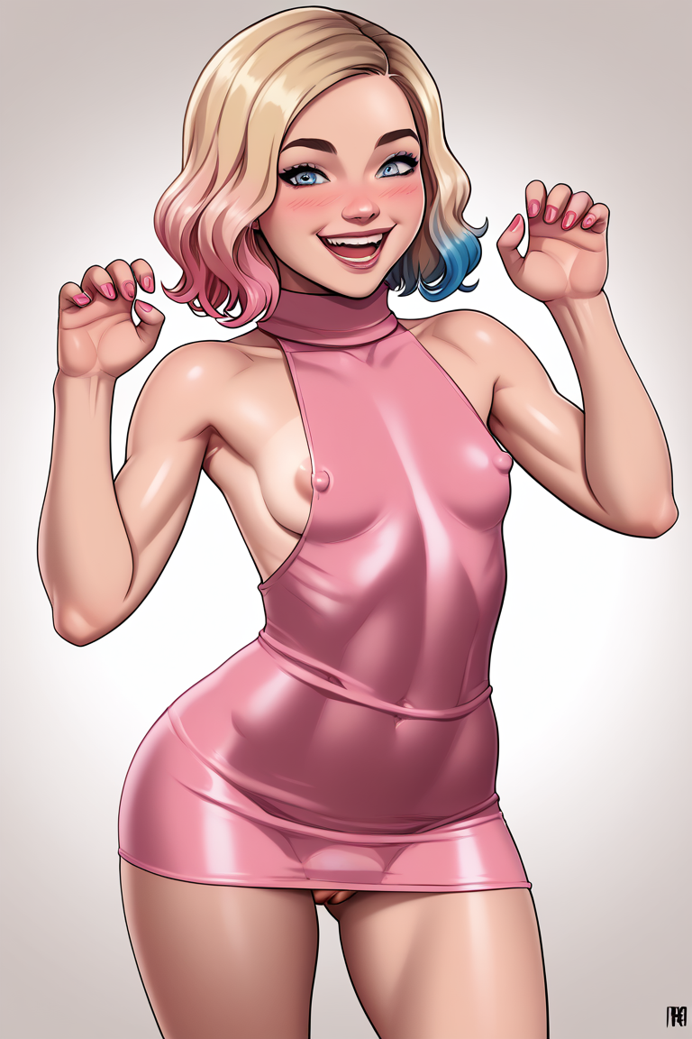score_9, score_8_up, score_7_up, , shiny skin:0.1, source_realistic, , deep skin,, high quality, highres, , 1girl, (curvy), ((wide hips)),, thick thighs, cute, , sexy, small breasts, ,EnidSinclair, 1girl, blonde hair, short hair, wavy hair, multicolored hair, blue highlights, pink highlights, blue eyes, H&M_PGD3, , short dress, pink dress, sleeVeless, sideboob, (covered nipples), big nipples,turtleneck, areola slip, puSsy, ((blush)), solo, smile, open mouth, standing, spread legs, ((funny pose)), armpits