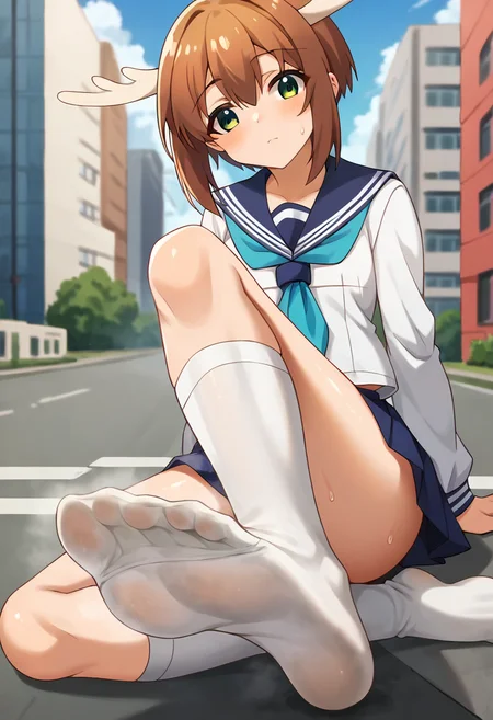 score_9, score_8_up, score_7_up, source_anime, masterpiece, 1girl, ct_shikan0k0, blue skirt, blue sailor collar, blue neckerchief, serafuku, pleated skirt, long sleeves, outdoors, city, depth of field, sunny, day, shiny skin, kneehighs, looking at viewer, sitting, hand between legs, feet, soles, foot focus, sweat, smell, knee up, on ground, ground, :3, :d, head tilt, <lora:Shikanoko_Noko_pony_v1:0.8>