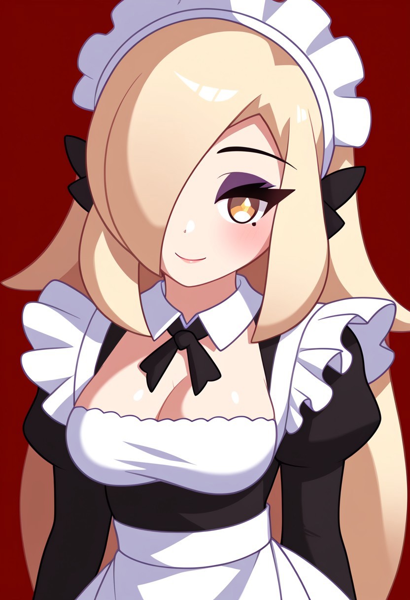 score_9, score_8_up, score_7_up, score_6_up, score_5_up, score_4_up, source_cartoon, <lora:confetti-extract- ponyxl:0.85>, detailed eyes, easynegative, rating_explicit, Expressiveh, 1girl, solo,twain, hair ornament, blonde hair, yellow eyes, long hair, large breasts, hair over one eye, makeup, eyeshadow, big breasts, maid, madi apron, maid headdress, long sleeves,  smiling to viewer