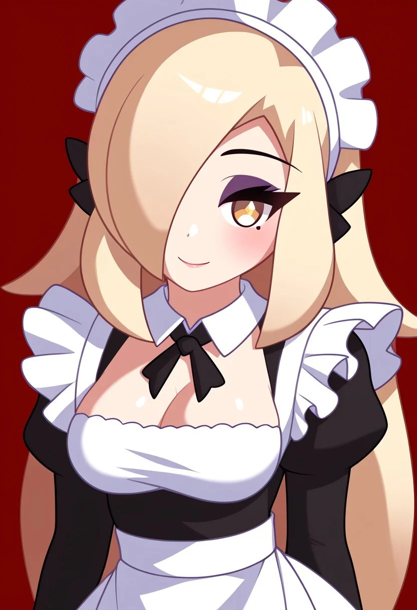 score_9, score_8_up, score_7_up, score_6_up, score_5_up, score_4_up, source_cartoon, <lora:confetti-extract- ponyxl:0.85>, detailed eyes, easynegative, rating_explicit, Expressiveh, 1girl, solo,twain, hair ornament, blonde hair, yellow eyes, long hair, large breasts, hair over one eye, makeup, eyeshadow, big breasts, maid, madi apron, maid headdress, long sleeves, smiling to viewer