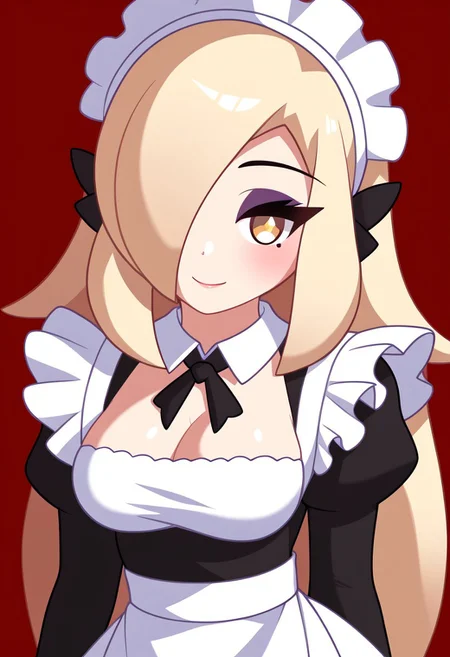 score_9, score_8_up, score_7_up, score_6_up, score_5_up, score_4_up, source_cartoon, <lora:confetti-extract- ponyxl:0.85>, detailed eyes, easynegative, rating_explicit, Expressiveh, 1girl, solo,twain, hair ornament, blonde hair, yellow eyes, long hair, large breasts, hair over one eye, makeup, eyeshadow, big breasts, maid, madi apron, maid headdress, long sleeves,  smiling to viewer
