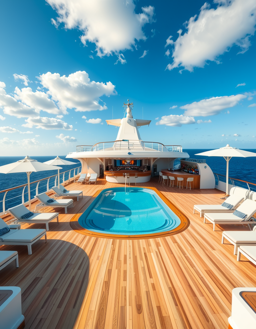A wide, high-resolution view of the upper deck of a modern luxury cruise ship, completely empty of people. The deck features a clean, polished teak wood floor and sleek white railings along the edges. Several neatly arranged lounge chairs line both sides, with large white parasols providing shade. In the center of the deck, a crystal-clear swimming pool reflects the blue sky, with no one in or around it. To one side, a stylish bar area with a curved canopy stands closed, with colorful bottles and barstools neatly arranged. The background reveals the endless ocean meeting the horizon, under a bright, cloud-speckled blue sky. The lighting is natural daylight, casting soft shadows and highlighting the modern, serene, and luxurious ambiance of the cruise ship deck. No signs of human presence â everything is pristine, calm, and ready for guests.
<lora:SDXLFaeTastic2400:0.4> <lora:extremely_detailed:0.4> extremely detailed,<lora:luxury_cru1s3_sh1p:1>,luxury cru1s3 sh1p, Masterpiece,best quality,hi res,8k,hi res,8k,award winning,(sharp focus, intricate, highly detailed),