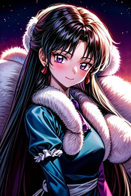 masterpiece,  best quality 1girl Setsun4 solo long hair,  (night time) forest background black hair very long hair purple eyes multicolored hair armor (fur trim) (medium body),<lora:EMS-179-EMS:0.800000>,<lora:EMS-293862-EMS:0.800000> bow, hair_bow, hair_tubes, red_bow, brown_hair, long_hair, bangs, ascot, frilled_bow, yellow_ascot, blush, smile, hair_between_eyes, athletic