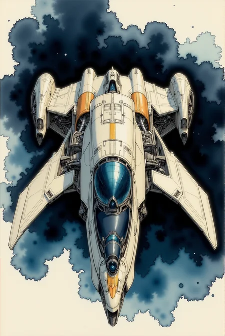 <lora:Watercolor_sketch_v.1:0.8> Watercolorsketch style. The spacecraft is illustrated with a refined technical watercolor approach, featuring delicate washes of cool grays, soft blues, and warm sepia tones to emphasize the intricate mechanical details and structural complexity. Subtle gradients in light washes create a sense of volume and atmospheric depth, while darker, more concentrated pigments highlight critical components such as the engine housing and aerodynamic contours. The fuselage is rendered in soft metallic hues, with gentle transitions between shadow and light, giving the surface a worn, industrial feel. The watercolor technique captures the intricate paneling and mechanical joints with precision, using fine ink outlines to retain the technical blueprint aesthetic. Transparent layering of colors provides an impression of translucency in key areas, hinting at an advanced, high-tech composition. The background is composed of abstract washes in deep navy and black, allowing the spacecraft to stand out while suggesting the vastness of space. Strategic splashes of color, such as muted gold accents or faded rust hues, enhance the realism, conveying a history of interstellar travel and maintenance. The result is a visually compelling blend of engineering precision and artistic expression, evoking the timeless elegance of classic spacecraft design sketches.