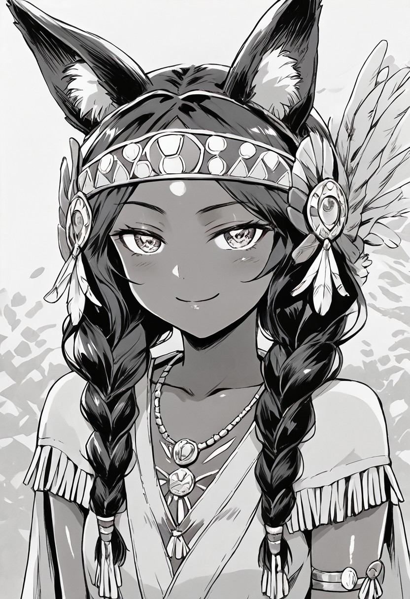 score_9, score_8_up, score_7_up, source_anime, anime screencap, anime coloring, masterpiece, best quality, traditional media, uncensored, 1girl, solo, (upper body:1.2), ordiy, dark skin, dark-skinned female, twin braids, animal ears, short tail, medium breasts, Bue eyes, headband, tribal, revealing clothes, native american clothes, fringe trim, cape, jewelry, bracelet, necklace, smug, smiling <lora:Ordiy_Ordiy no Mori_Pony:1> cute, face, (skindentation:1.2), ultra detailed eyes, depth of field, sharp, (intricate details, hyperdetailed:1.15) monochrome, greyscale, shiny skin, glistening skin, Shiny, Shiny skin,