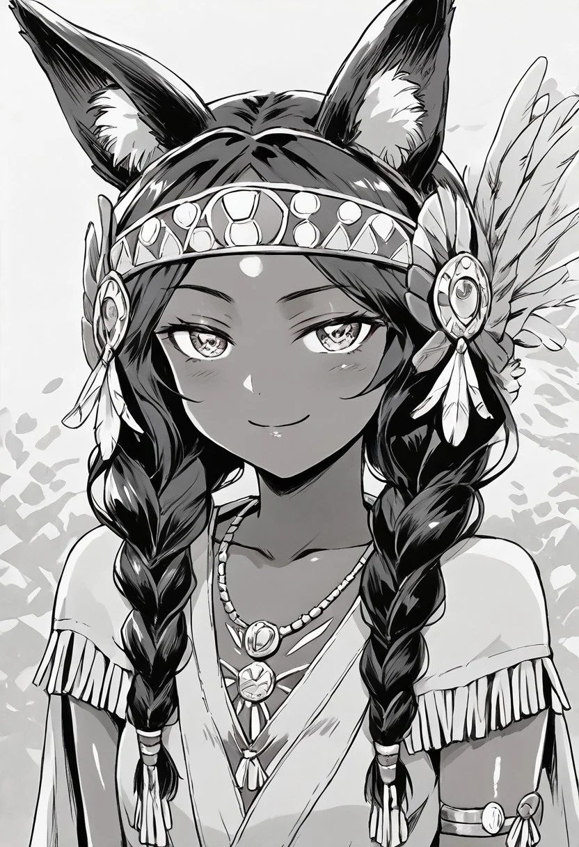 score_9, score_8_up, score_7_up, source_anime, anime screencap, anime coloring, masterpiece, best quality, traditional media, uncensored, 1girl, solo, (upper body:1.2), ordiy, dark skin, dark-skinned female, twin braids, animal ears, short tail, medium breasts, Bue eyes, headband, tribal, revealing clothes, native american clothes, fringe trim, cape, jewelry, bracelet, necklace, smug, smiling <lora:Ordiy_Ordiy no Mori_Pony:1> cute, face, (skindentation:1.2), ultra detailed eyes, depth of field, sharp, (intricate details, hyperdetailed:1.15) monochrome, greyscale, shiny skin, glistening skin, Shiny, Shiny skin,