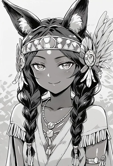 score_9, score_8_up, score_7_up, source_anime, anime screencap, anime coloring, masterpiece, best quality, traditional media, uncensored, 1girl, solo, (upper body:1.2), ordiy, dark skin, dark-skinned female, twin braids, animal ears, short tail, medium breasts, Bue eyes, headband, tribal, revealing clothes, native american clothes, fringe trim, cape, jewelry, bracelet, necklace, smug, smiling <lora:Ordiy_Ordiy no Mori_Pony:1> cute, face, (skindentation:1.2), ultra detailed eyes, depth of field, sharp, (intricate details, hyperdetailed:1.15) monochrome, greyscale, shiny skin, glistening skin, Shiny, Shiny skin,