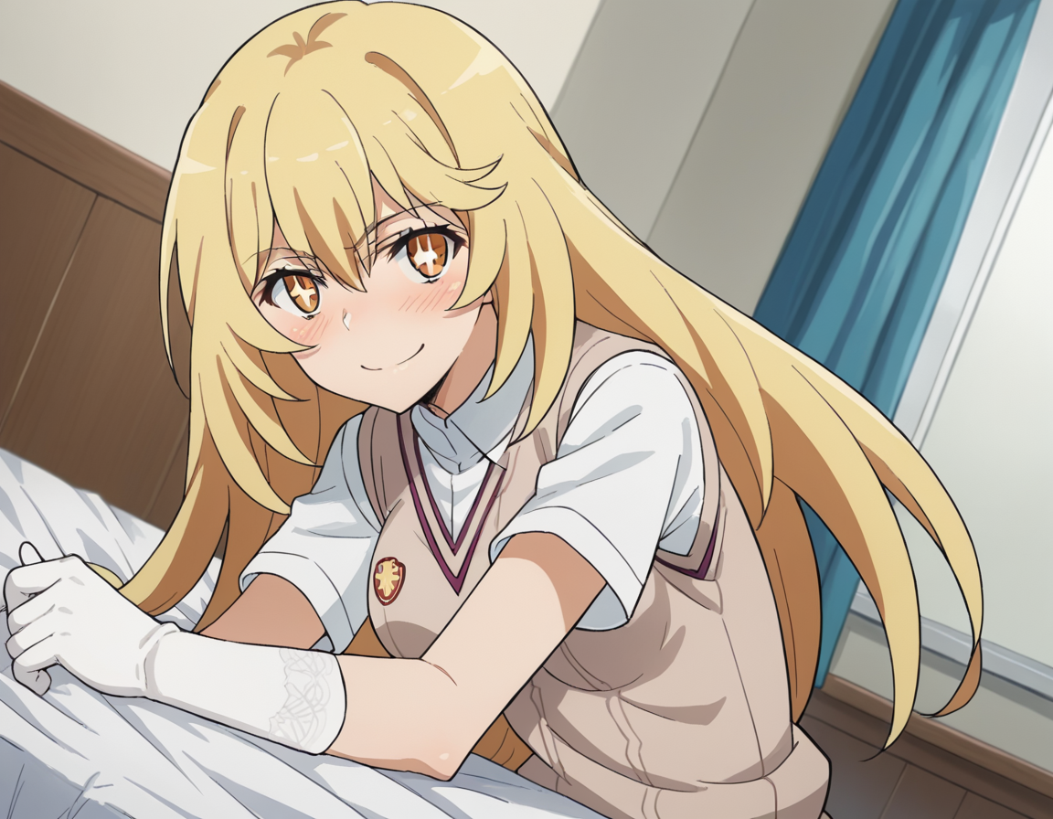 score_9, score_8_up, score_7_up, source_anime,
misakishokuhou, <lora:misaki-shokuhou-s3-ponyxl-lora-nochekaiser:1>,
misaki shokuhou, blonde hair, hair between eyes, long hair, symbol-shaped pupils, yellow eyes, smile,
elbow gloves, gloves, school uniform, short sleeves, summer uniform, sweater vest, tokiwadai school uniform, white gloves, light brown sweater vest,
indoors, bed, bed room, on side, blush, drunk,
looking at viewer, cowboy shot, dutch angle, dynamic pose,