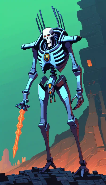 pixel-art Necrons, scenery, detailed background, masterpiece, best quality, high quality, absurdres <lora:necrons_xl_v1:1> . low-res, blocky, pixel art style, 8-bit graphics