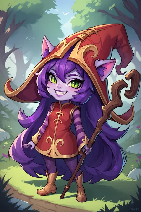 score_9, score_8_up, score_7_up, score_6_up, score_5_up, score_4_up, LuluLoLXL, shortstack, yordle, green eyes, purple hair, very long hair, sidelocks, bangs, animal ears, purple skin, colored skin, witch hat, ears through headwear, red dress, purple striped sleeves, purple pantyhose, boots, staff, holding staff, standing, full body, seductive smile, looking at viewer, forest, tree <lora:LuluLoLXL:0.7>
