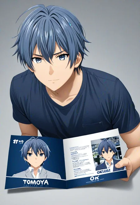 high resolution, solo, best quality, 1Boy, Tomoya Okazaki, Grey Blue Hair, brand ambassador, brochure design, OverallDetail