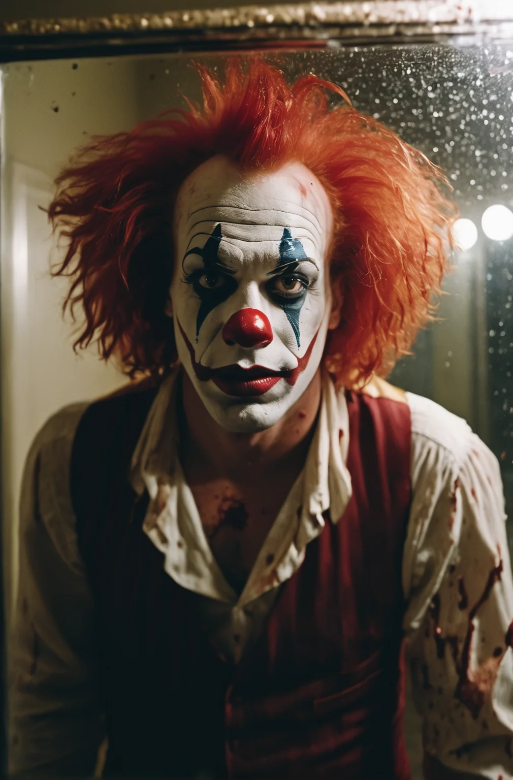 A cinematic photo of a 25 year old half american half scottish killer clown, big forehead, red clown wig, running into a glass mirror breaking his face into glass pieces, Blood glass shattering, he is in a dimly lit beat down grim public restroom, bloody red sparkly glitter clown costume, Blood on walls, broken lights, horror, vhs, film grain, Zombie in background, Scared look, brown lighting, grey lighting, ultra detailed, Atmospheric, Dramatic, Masterpiece,