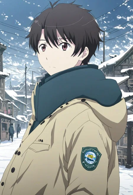 high resolution, solo, best quality, 1Boy, Inaho Kaizuka, Black Hair, Brown Eyes, chilling, snow town, winter jacket, OverallDetail