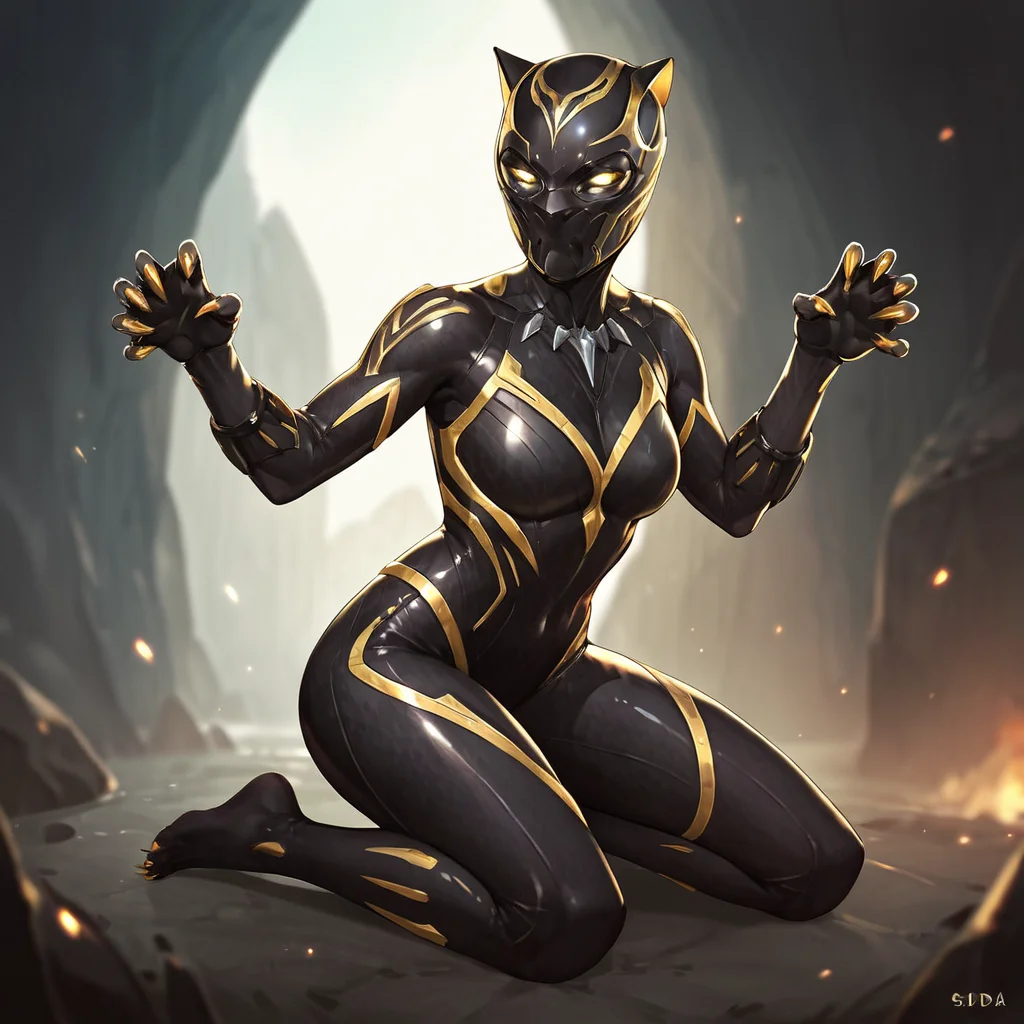 score_9, score_8_up, score_7_up, score_6_up, score_5_up, score_4_up, source_anime,  BP_shuri, black bodysuit, yellow eyes, glowing eyes, skin tight, claws, helmet, kneeling, cat pawn pose