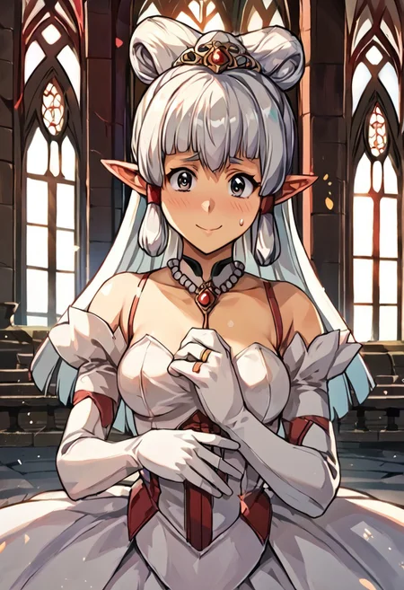 score_9, score_8_up, score_7_up, score_6_up, score_5_up, score_4_up, source_anime, , (best quality) , (highly detailed) , (best quality) , (highly detailed) ,((masterpiece)), ((best quality)), (ultra-detailed), ((extremely detailed)), (high resolution), 4K, (8K), best quality, (beautiful), (dynamic lighting), (super detailed skin), sharp focus, (1_girl, solo focus), masterpiece ,absurdres ,detailed face ,beautiful face , paya, elf ears, pointy ears, Dark skin, high ponytail, Dark Skinned Female
blush,bride, wedding dress, bridal veil, white dress, tiara, pearl necklace, indoors, church, sunlight, light rays, (light particles), elbow gloves, white gloves, garter straps, white thighhighs, gothic architecture, pillar, arch, smile, closed mouth, blush, sweatdrop, wedding ring, wedding,
(portrait, upper body), OverallDetail, Artist Style: Urushihara Satoshi