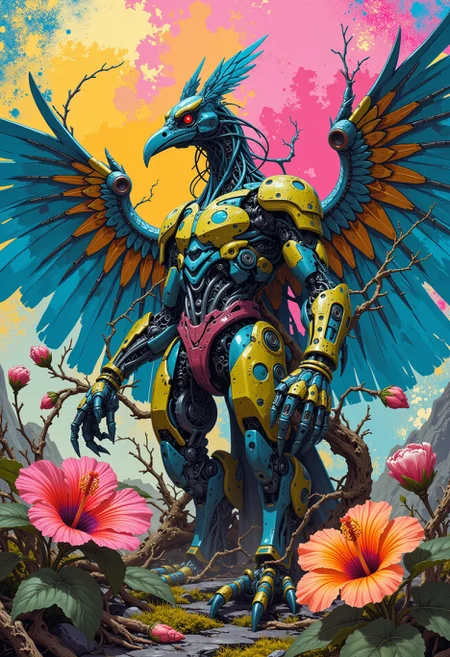 A plastic collectible action figure of an emerging and colorful blueprint of a earthy gigantic mechanical merlin bird, surrounded by variegated hibiscus, an ancient mechanical guardian, dilapidated and abandoned, broken down and derelict, reclaimed by nature, with twisted vines and moss creeping through it. An abstract geometric gradient dapples the simple background. . Above the subject, written with a bold and futuristic font, we find the title: "FANTASY STYLER".. The image showcases a highly detailed and intricately designed collectible toy action figure, highlighting its unique features and craftsmanship. The composition emphasizes the toy's appeal and desirability as a collector's item. <lora:FLUX_fantasy_Styler_2_64:0.8>