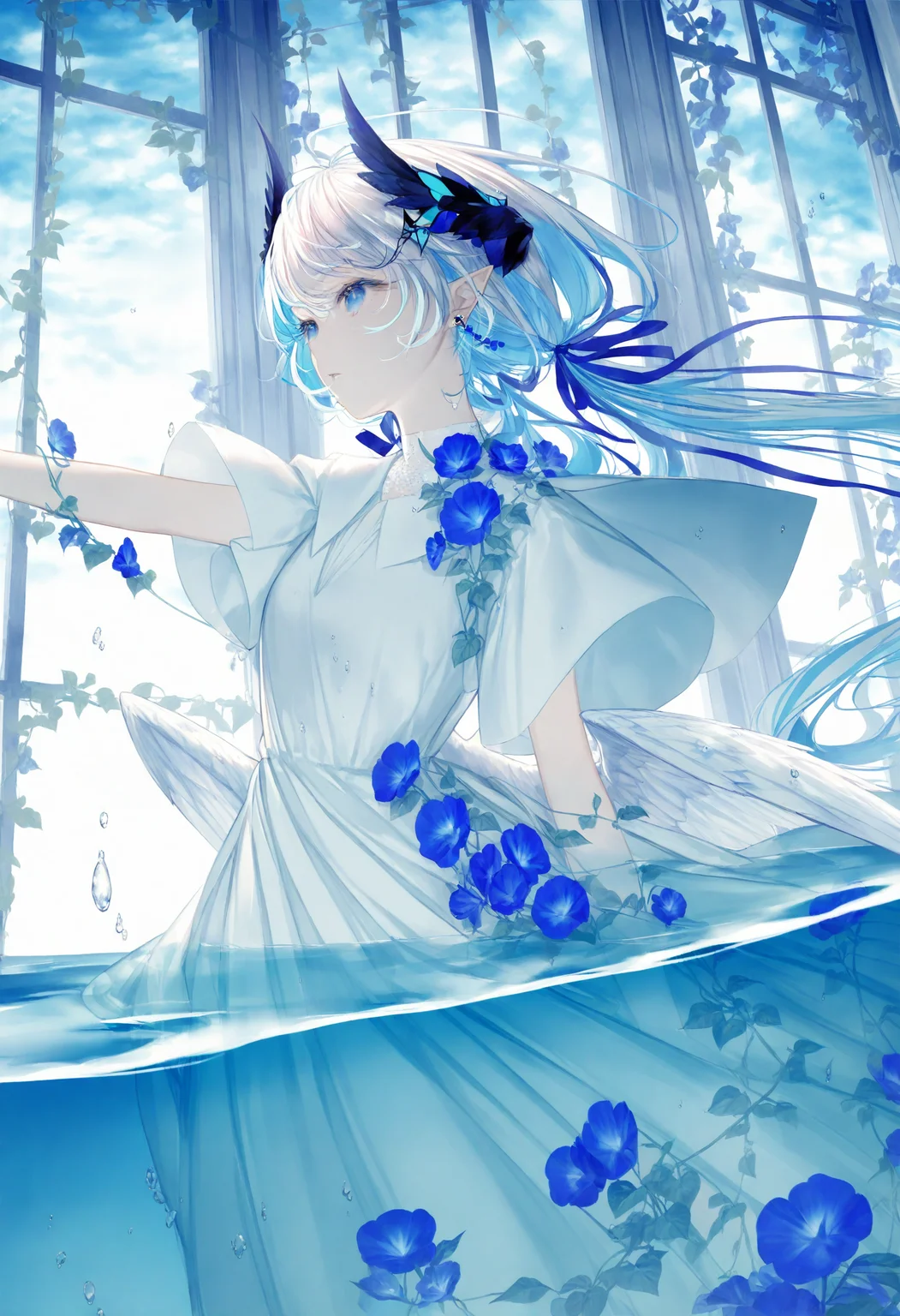 <lora:myc1_noob1.1-000189:1>,
1girl, solo, dress, blue flower, blue eyes, partially underwater shot, flower, long hair, window, wings, jewelry, white dress, earrings, blue theme, pointy ears, water, blue hair, partially submerged, ribbon, floating hair, very long hair, plant, multicolored hair, low wings, horns, white hair, parted lips, vines, water drop, outstretched arm, short sleeves, hair ornament, hair ribbon, feathered wings, sky, cloud, looking ahead,
masterpiece,best quality,newest,absurdres,highres,very awa,