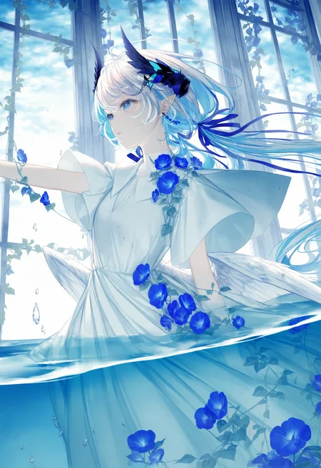 <lora:myc1_noob1.1-000189:1>,
1girl, solo, dress, blue flower, blue eyes, partially underwater shot, flower, long hair, window, wings, jewelry, white dress, earrings, blue theme, pointy ears, water, blue hair, partially submerged, ribbon, floating hair, very long hair, plant, multicolored hair, low wings, horns, white hair, parted lips, vines, water drop, outstretched arm, short sleeves, hair ornament, hair ribbon, feathered wings, sky, cloud, looking ahead,
masterpiece,best quality,newest,absurdres,highres,very awa,