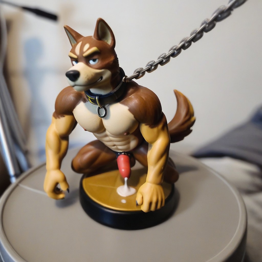 Amiibo, figure, dog, erection, penis, k9 penis, cum drip, on all fours, round circular stand, muscular, bara, detailed figure, dog boy, hand on floor, hand on penis, spread legs, dog collar, chain leash, claws, nipples, long tail, two toned fur, diagonal front view, penis in view, penis peak, jock strap