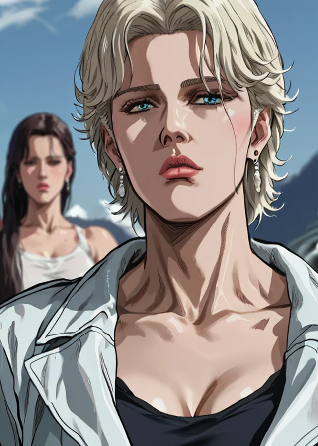 score_9, score_8_up, score_7_up,, <lora:Fist_of_the_North_Star_-_PonyXL:1> Northstar style, cut-in photo of a women with platinum blonde hair hair, , <lora:PerfectEyesXL:1> <lora:add-detail-xl:1>