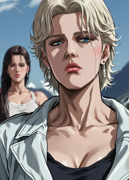 score_9, score_8_up, score_7_up,, <lora:Fist_of_the_North_Star_-_PonyXL:1> Northstar style, cut-in photo of a women with platinum blonde hair hair,  ,  <lora:PerfectEyesXL:1>  <lora:add-detail-xl:1>