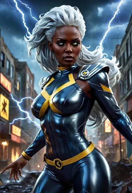 UltUltra detailed digital art masterpiece, Hyperdetailed, hyperrealism, extremely high resolution of Beautiful black Superheroine Ororo Munroe as Storm, Greg Rutkowski style, stands in a bloody, sinister battle in the streets of a ruined city, Realistic black eyes, wavy grey hair, Intricately designed blue and yellow X-Men Superheroine combat costume with X logo, Marvel, X-Men, 8K, deep color, Cinematic Lighting, intricate smooth, sharp focus digital painting, Artgerm, WLOP, Greg Rutkowski, Beautiful 21 years old Ororo Munroe as Storm, Intricately Designed handsome black face, Marvel comics, Realistic combat dirty clothing, perfect whole athletic body, defiant and seductive, Photograph Taken on Nikon D750, Intricate Elegant, Digital Illustration, Scenic, Unreal Engine, CryEngine, Octane Render, 8k, Designed combat clothes, Attractive, Attractive black woman, dramatic lighting, wet and sweaty skin, beautiful firm Breasts, Daylight, Concept art by Greg Rutkowski, adding to the intense and dynamic atmosphere of the scene