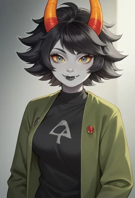 high angle, black outlines, dutch angle, masterpiece, best quality, score_9, score_8_up, score_7_up, score_6_up, score_5_up, high detail, soft lighting, 1girl, Troll, ramhorns, olive jacket, long sleeves, black t-shirt, fangs, closed mouth, long sleeves, skinny, medium breasts, fluffy hair, short hair, black lips, bangs, grey eyes, kohl-rimmed eyes, perfect anatomy, looking at viewer, smile, no lighting, realistic lighting, petite body, blurry background:2, upper body