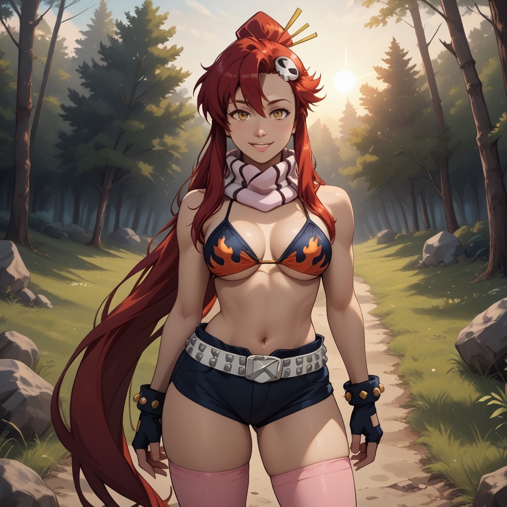 score_9, score_8, BREAK, solo, 1girl, Yoko Littner, red hair, long hair, ponytail, skull hair ornament, yellow eyes, bikini top only, flame print, black short shorts, stripped scarf, belt, asymmetrical gloves, fingerless gloves, pink thighhighs, white footwear, sidelocks, studded bra, sexy pose, self portrait, smile, outdoors, sunlight, shadows, evening lighting, natural lighting, forest, trees, grass, orange sky, sunset