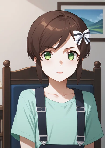 score_9, score_8_up, score_7_up, score_6_up, rating_explicit, source_anime, cinematic shadow, cinematic light, cute and sensitive, soft skin, characters focus, detailed eyes, detailed skins, <lora:StS_age_slider_v1_initial_release:-1>, <lora:StS_detail_slider_v1:3> , <lora:Saegusa_Kasumi:1> kasumi,bangs, brown hair,short hair with long locks, hair bow, green eyes,cowboy shot, 1girl, alternate costume,light green t-shirt,strap, suspenders,