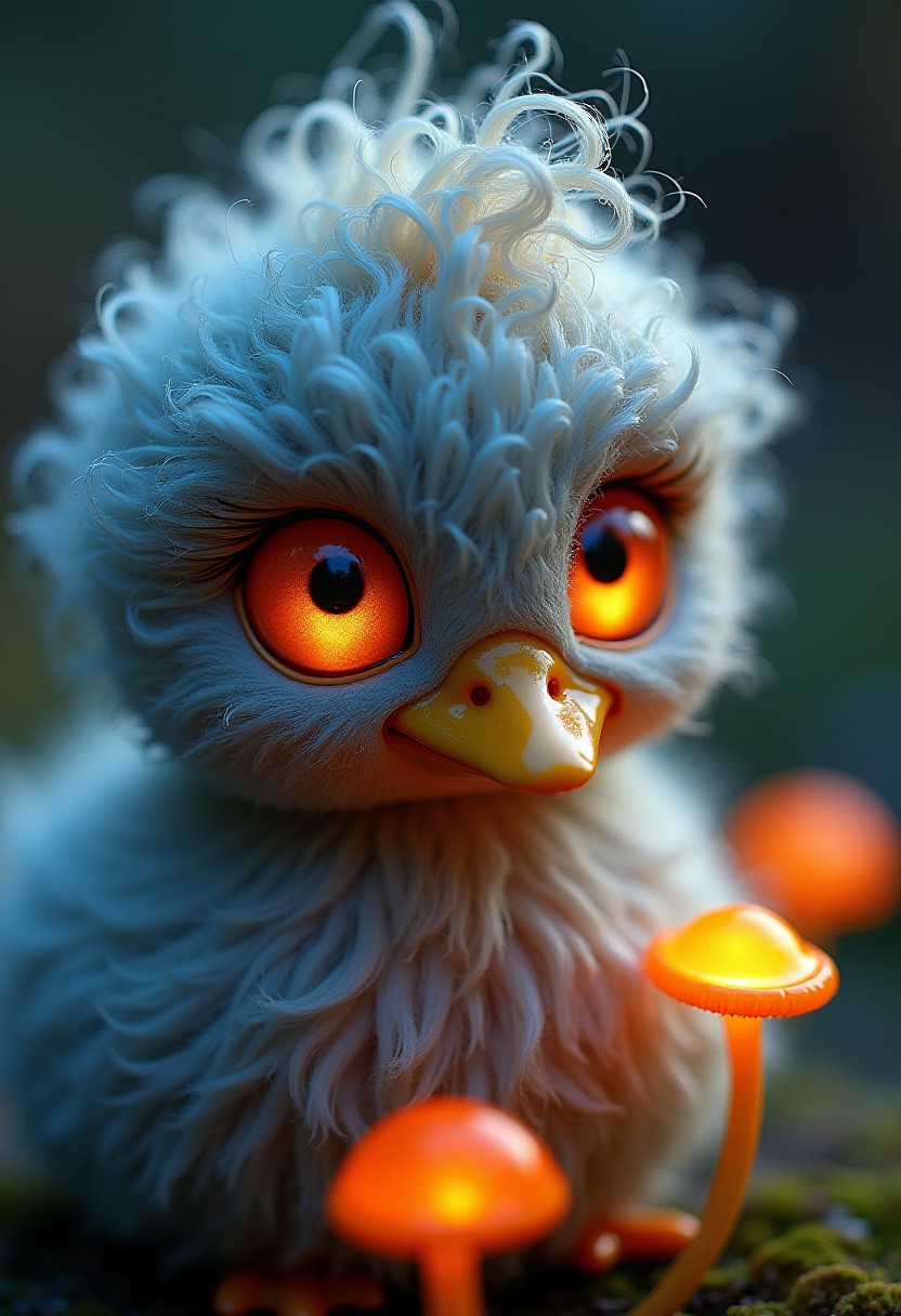 Mix the glowing-mushrooms, duck and curly fur to create adorable magical creature with big glowing eyes, masterpiece, Surrealism, close-up, macro photo, f/1.2, backlighting, Albert Edelfelt, multicolored hair