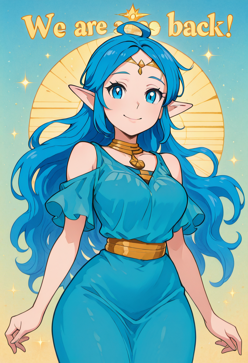 masterpiece, best quality, solo, curvy, beautiful eyes, narrow waist, wide hips, 1girl, solo, smile, looking at viewer, foreshortening, close up, anime screenshot,    zzNayru, blue eyes, blue hair, bare shoulders, jewelry, very long hair, blue dress, elf, circlet, large breasts, ,<lora:NayruZelda_IXL_v2:1.0>,, smile, looking at viewer, We4reSoB4ck, text, gradient background, ,<lora:We4reSoB4ck_IXL_v1:1.0>,